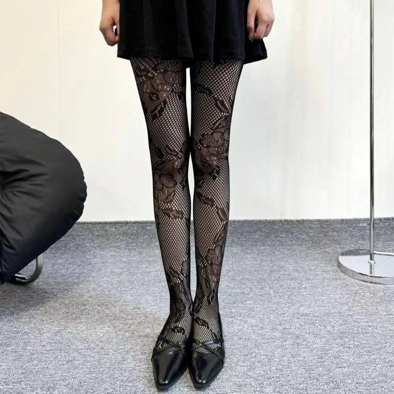 Women See Through Fishnet Mesh Pantyhose Stockings Aesthetic Elegant Hollowed Flower Patterned Tights Leggings Hosiery