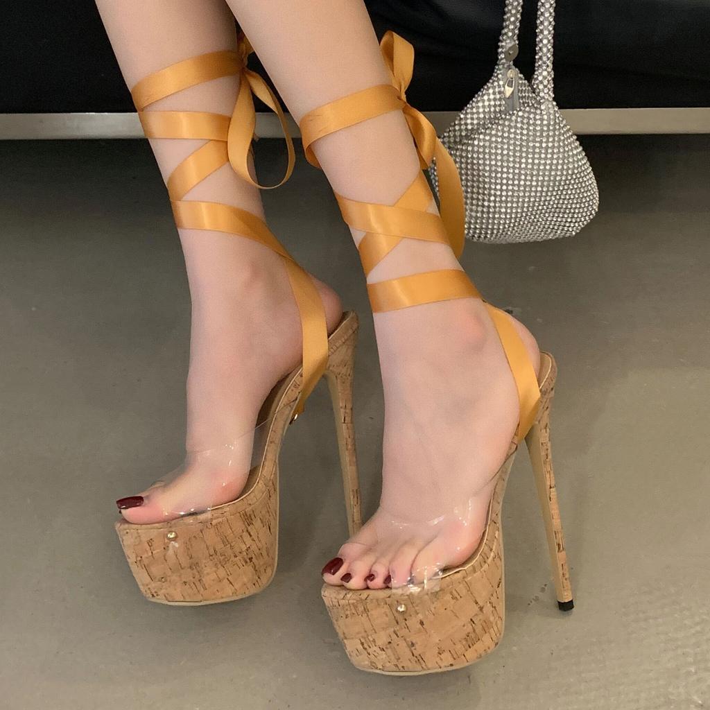 Fashion Eilyken Summer Extremism Sexy Super Thin Heels Sandals Women PVC Transparent Ankle Lace-up Pumps Nightclub Party Shoes