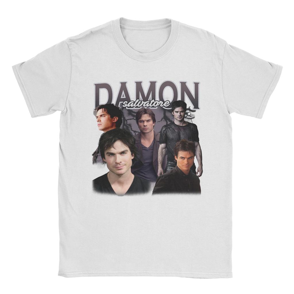 Damon Salvatore TShirts for Unisex Crewneck Pure Cotton T Shirts The Vampire Diaries Ian Somerhalder Short Sleeve Tees Clothing