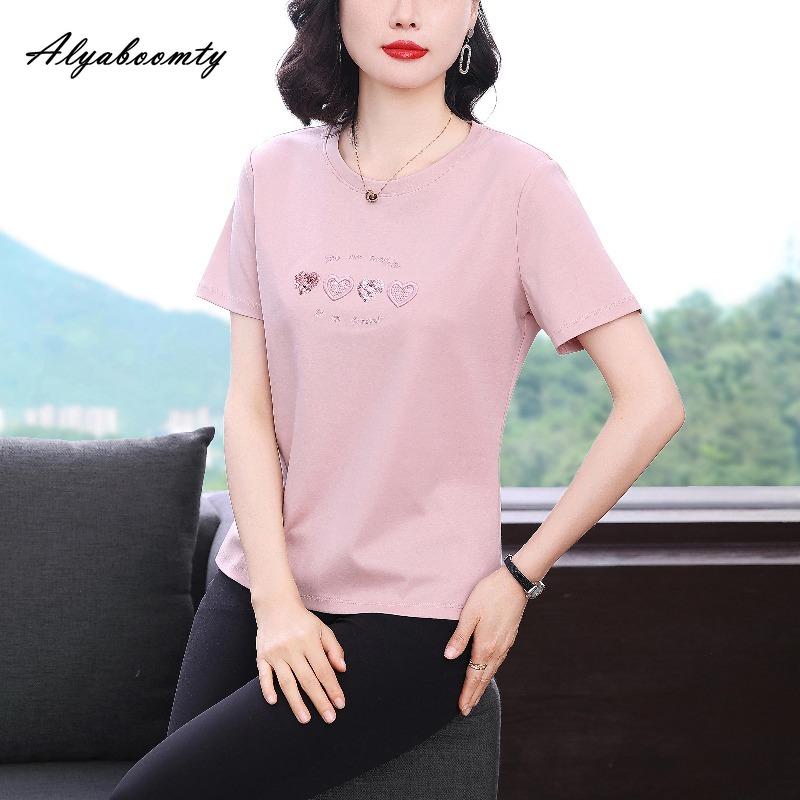 Plus Size Summer Women Basic Cotton Top O Neck Pink White Blue Embroidery Ladies' T-Shirt Short Sleeve Casual Loose Tee
