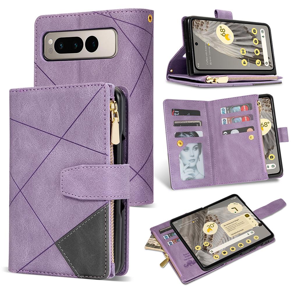 

For Google Pixel Fold Leather Flip Phone Case Zipper Pocket Stand Lines Imprinted Wallet Cover Purple