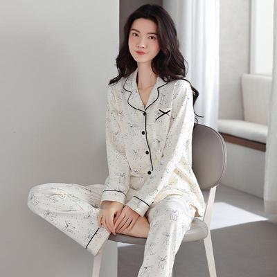 Ensemble de Pyjama à Manches Longues en Coton Pur pour Femme - Deux Pièces Décontracté avec Imprimé Simple pour la Maison ou l'Extérieur