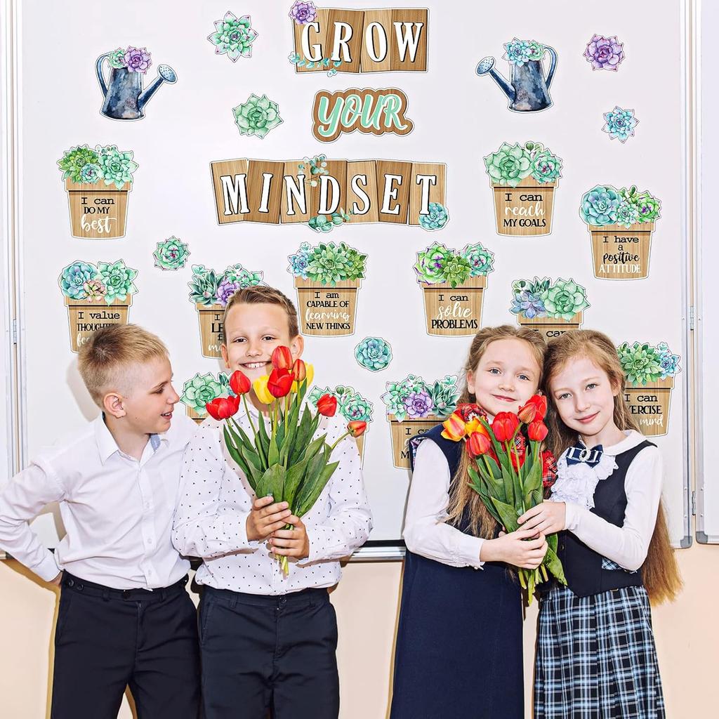 57 Pieces Rustic Bloom Succulents Cutouts Grow Your Mindset Bulletin Board Set Positive Motivational Succulents Potted Cutouts for Classroom School