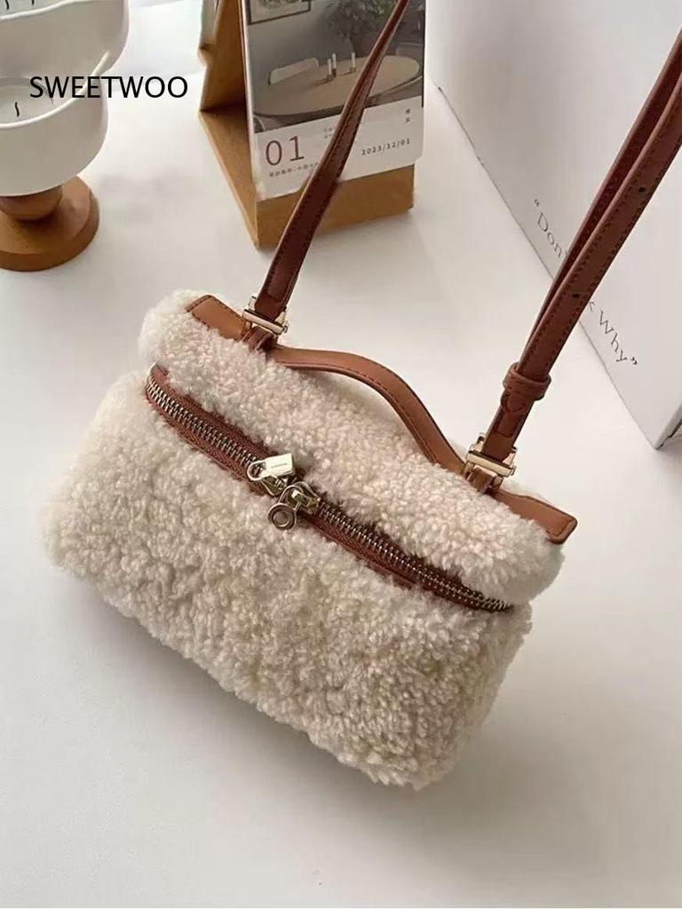 Fuzzy Fleece Crossbody Shoulder Bag Women Faux Leather Trim Zipper Closure Retro Style Daily Handbag