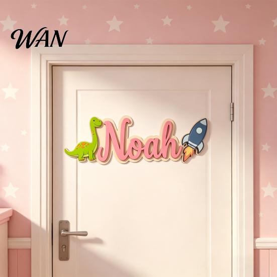 Soft Color Kids Door Decor Personalized Name Sign Dinosaur Rocket Wooden for Boys For Custom Nursery Hanging Wall Bedroom Playroom