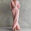Elegant Solid V-neck Long Sleeve Slit Maxi Dress with Pockets