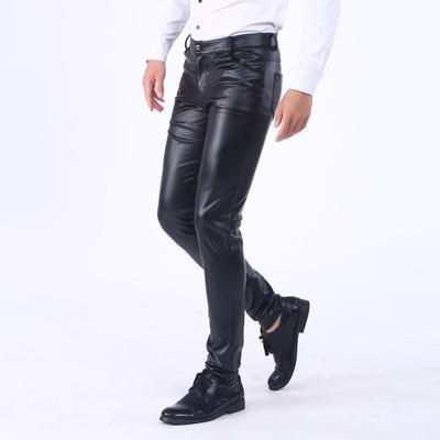 Men's Korean Style Slim Fit Motorcycle Leather Pants - Fleece-Lined, Skinny, Elastic, Spring/Autumn Trend