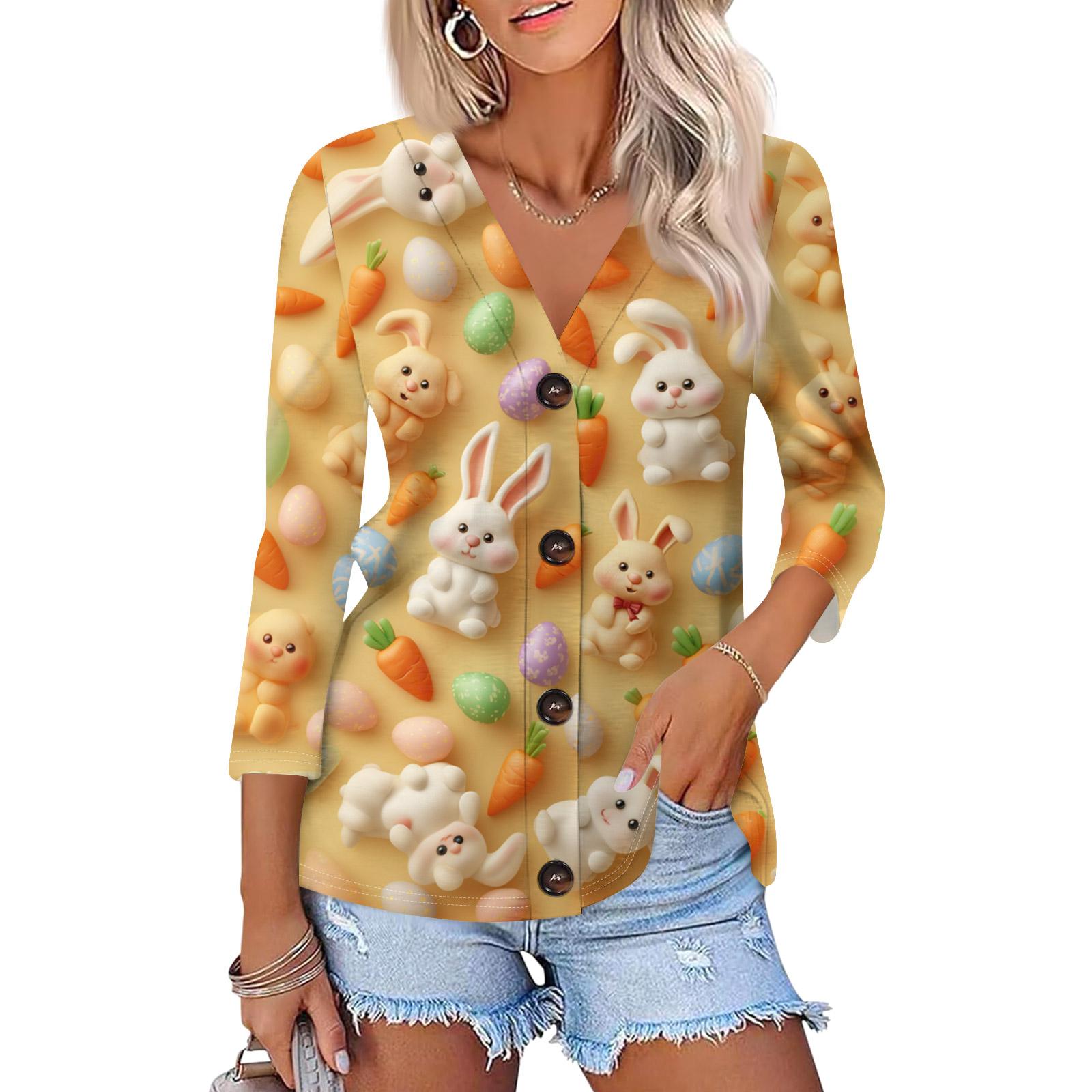 

Women s Fashion Casual Print Button-down Shirt 3/4 Sleeve Tops XL жовтий