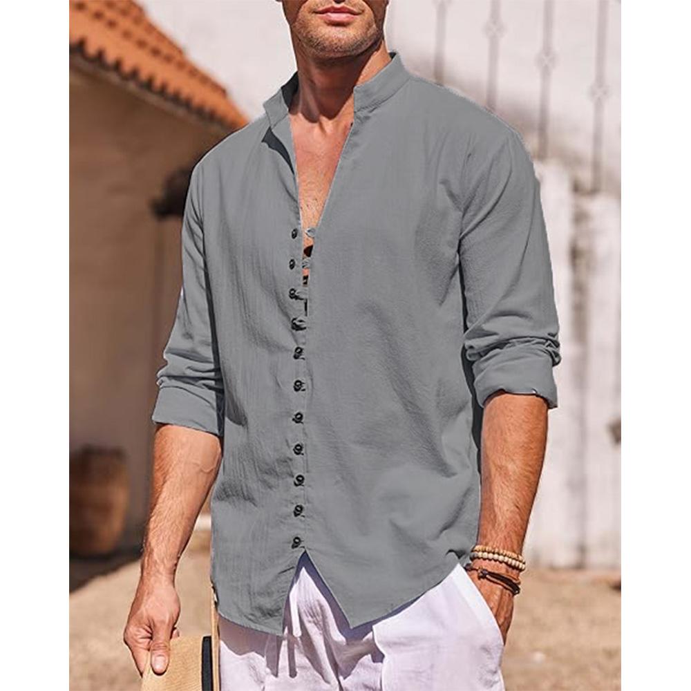 Men's Cotton Linen Shirt Men  Long Sleeve Beach Shirt Summer Casual Solid Color Henry Collar
