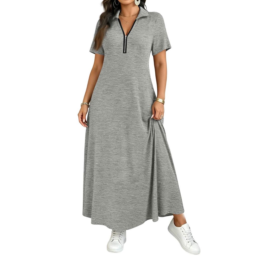 Women Short Sleeve Polo Collar Maxi Dress with Front Zipper Casual Solid Color Long Dress for Spring Summer French Style