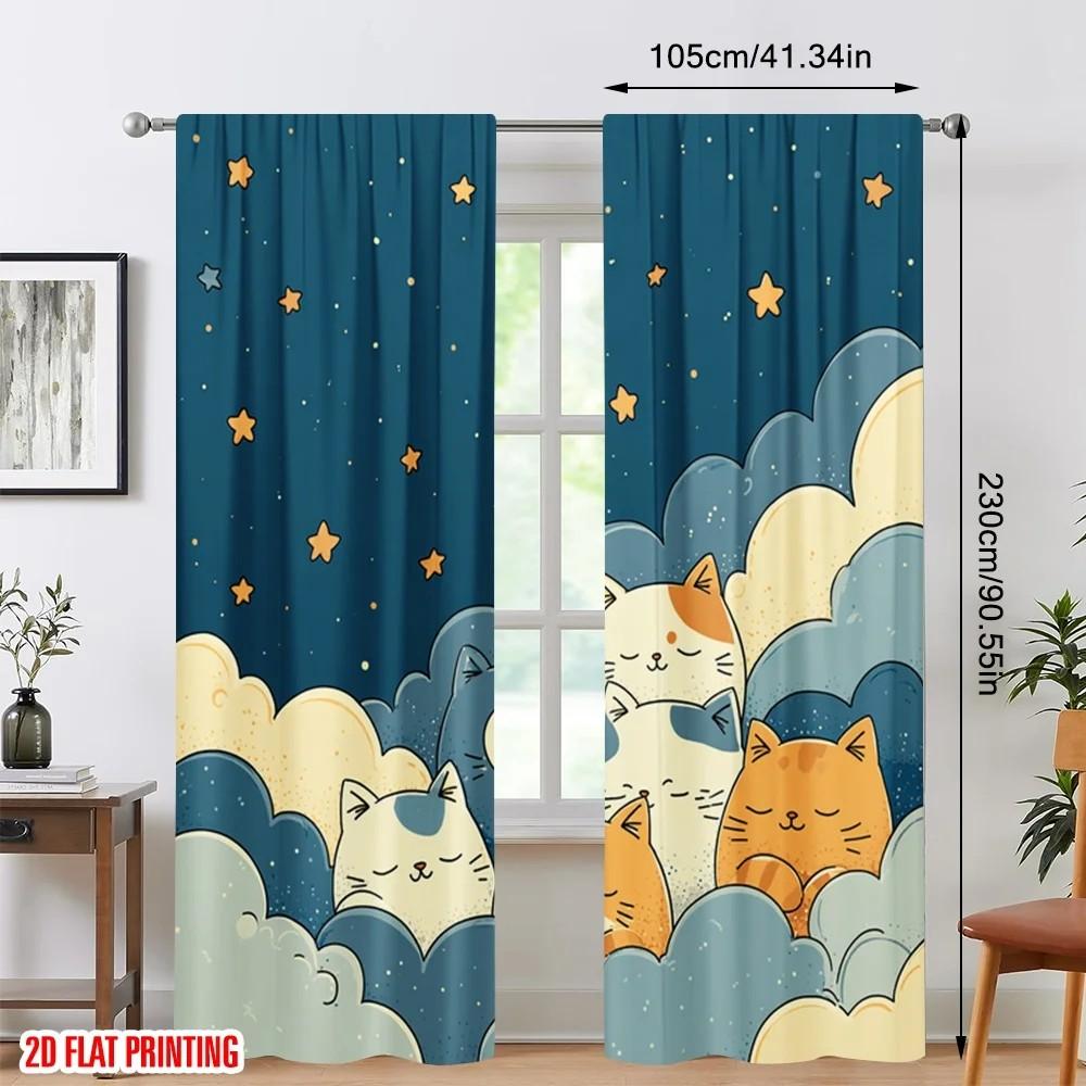 Blackout Jit Cute Cats Printed Curtains Polyester Kids Room Window Decor Home Curtain Set Of 2 Made With Rod Pocket Washable Children's Ready