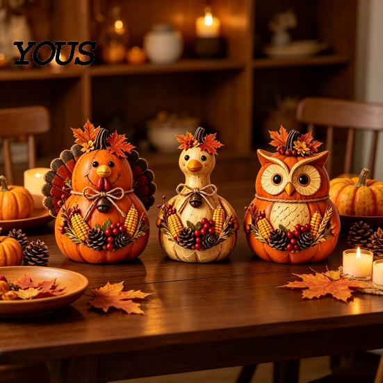 Fall Harvest Festival Home Decor 3PCS Rustic Autumn Wooden Ornaments, Animal Designs Retro Table Distressed Farmhouse Crafts, Decorative Handmade
