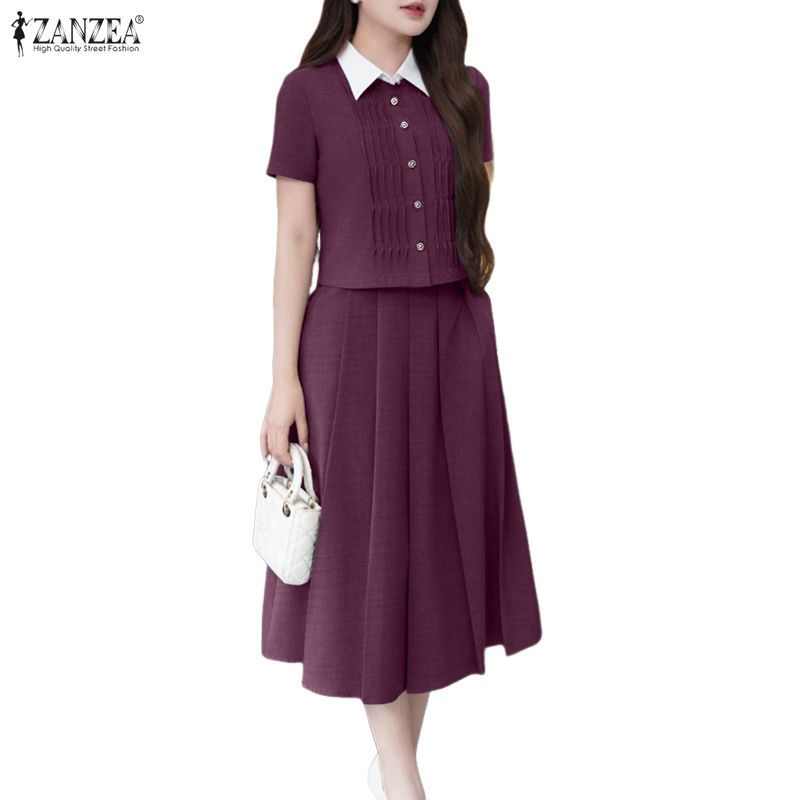 ZANZEA Women Short Sleeve Blouse and Long Skirts Casual Two Piece Suit Sets