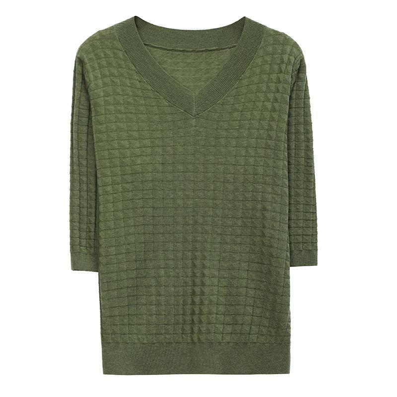 V-Neck Knitted Top Women's 3/4 Sleeve Thin Spring/Summer Orange Shirt Premium Mom Half Sleeve T-shirt