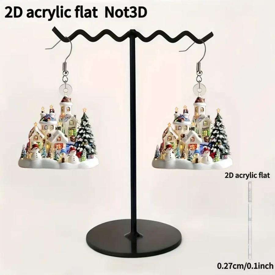Cross-border New Product Castle Earrings 2D Acrylic Christmas Party Snow House Christmas House Christmas Tree Earrings Ornament