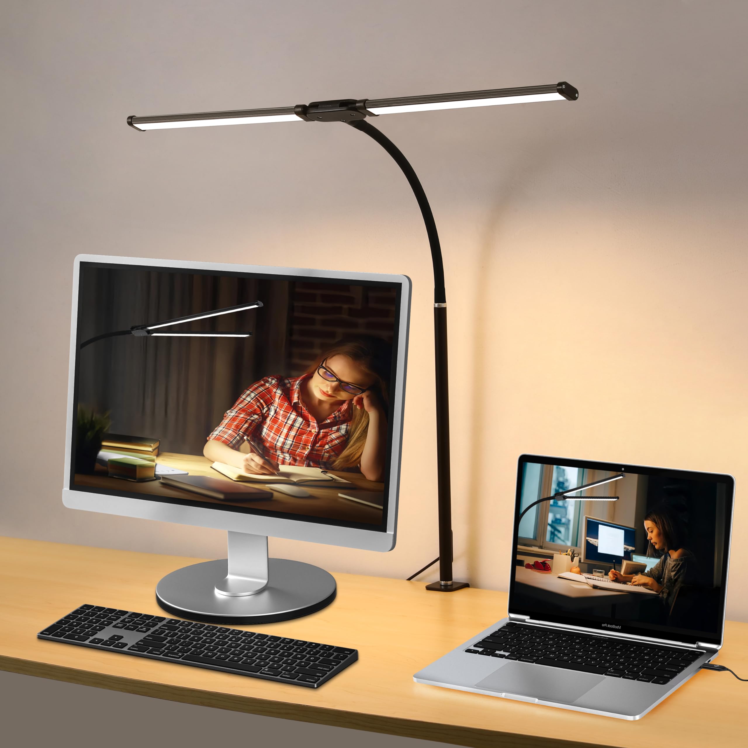 

Office LED Desk Lamp, Eye-Friendly Desk Light with 3 Color Modes, 10 Brightness Levels, Adjustable Flexible Gooseneck, 18W DC12V Desk Lamp with Clamp