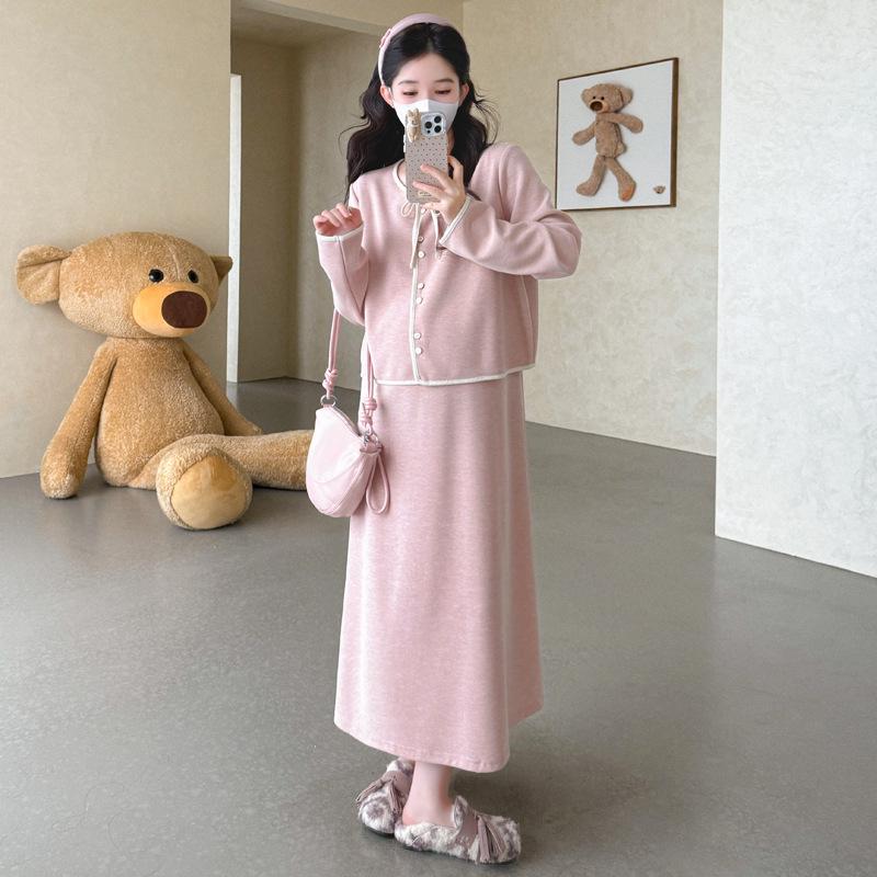 New Korean Style Maternity Knit Vest Dress & Cardigan Set - Relaxed Fit XL