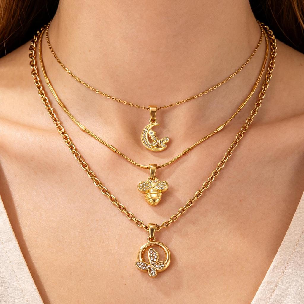 18K Gold-Plated Titanium Steel Necklace with Cross, Bee, and Butterfly Charms