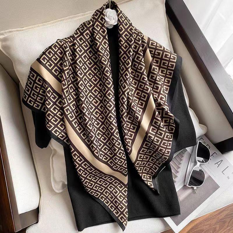 High-End Women's Lightweight Silk Square Scarf - Temperament Print Neckerchief for Neck Protection and Decoration.