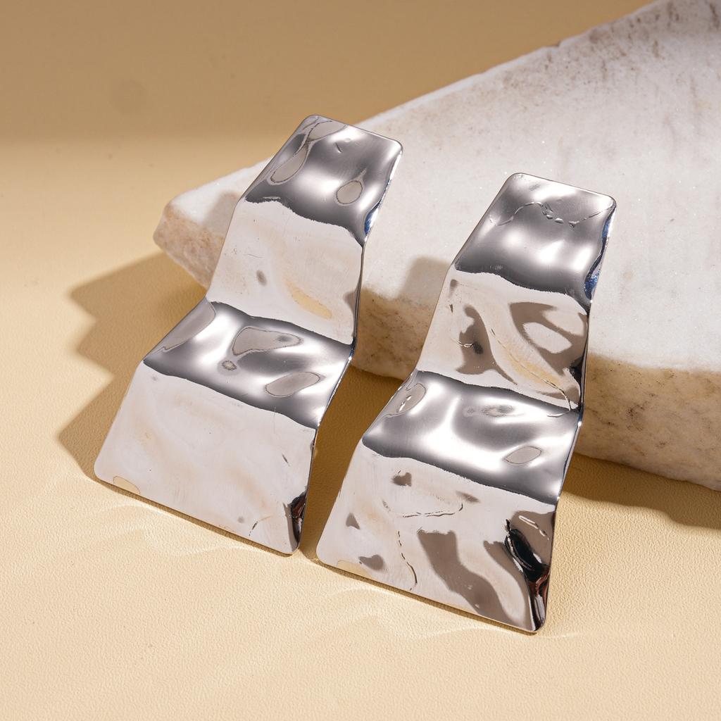 Metallic glossy pleated square silver needle stud earrings fashionable exaggerated earrings