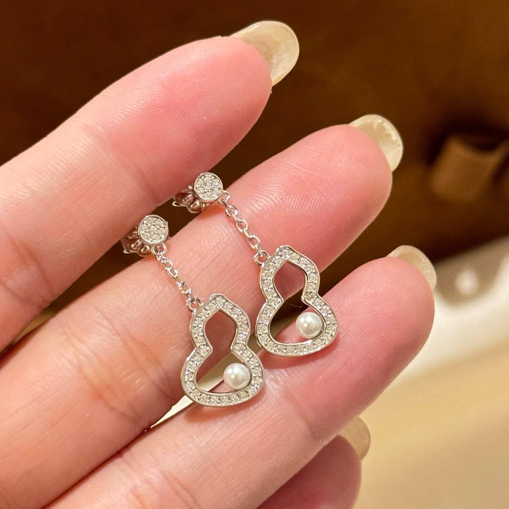 New Vintage 100% Pure 925 Sterling Silver Earrings Pave Zircconia Tassel Pearl Gourd Shape Eardrop For Women Luxury Fine Jewelry