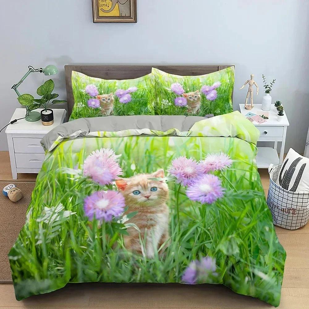 3D Animal Bedding Set Cute Cat Printed Duvet Cover Set Twin Double Full Queen King Size Comforter Cover With Pillowcase