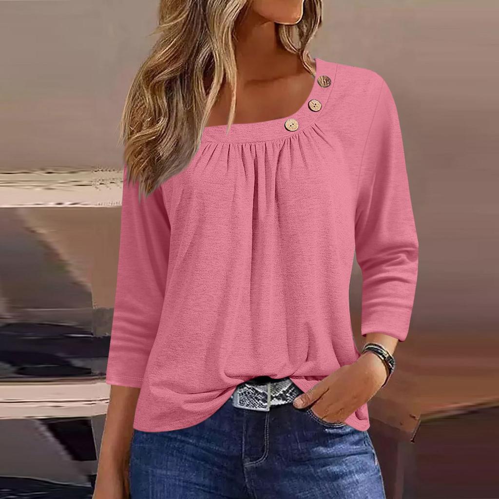 Damen T-Shirt mit Aufdruck, Knopfleiste, 3/4-Ärmel, für den Alltag, Wochenende, modisch, Basic, normale Passform