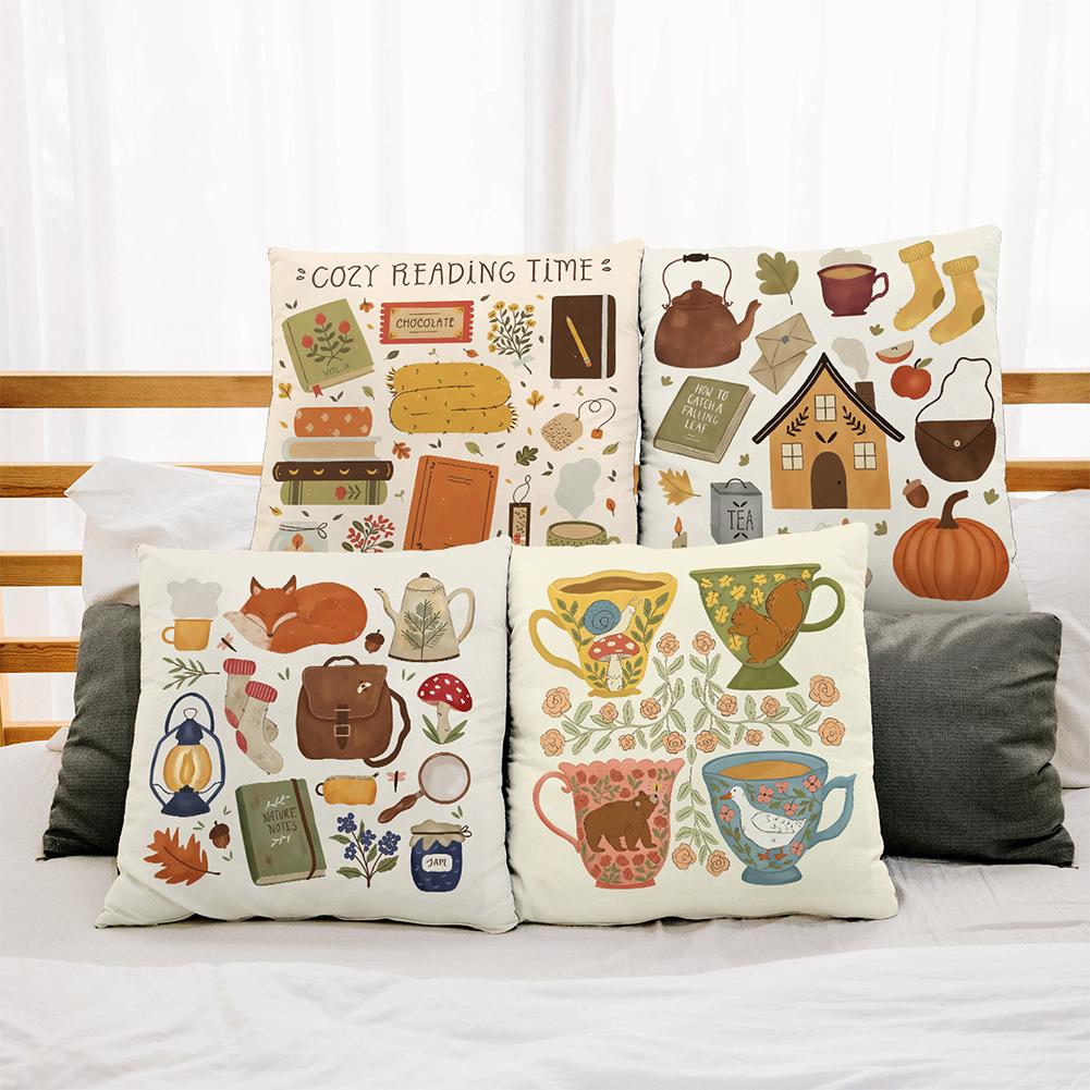 Flannel Square Bedside Pillowcase, Pastoral Home Atmosphere Cartoon Anime Pattern Cushion Protective Cover With Invisible Zipper 45x45cm