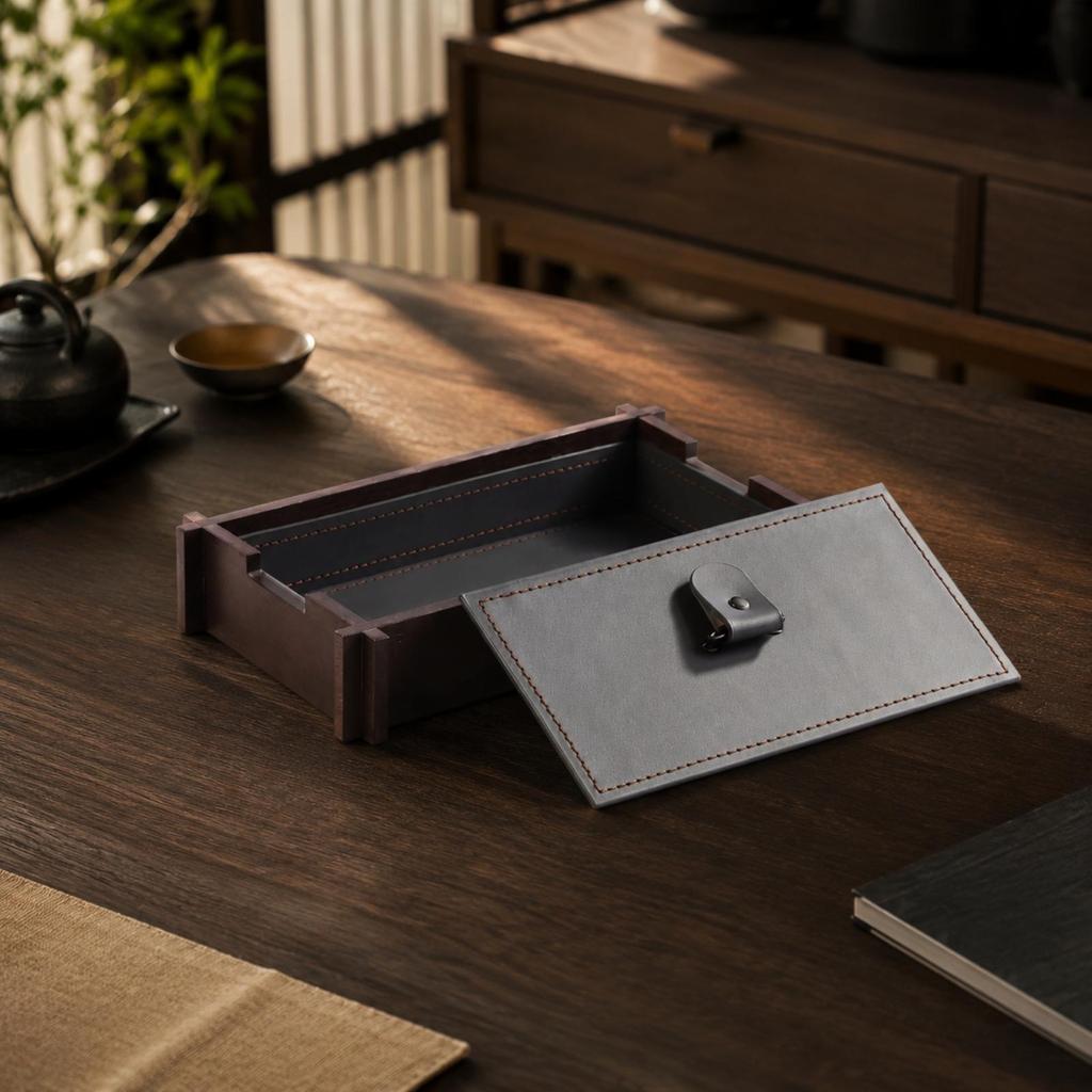 Wood Storage Box with Leather Panel Hand-Finished Tray Metal Handle