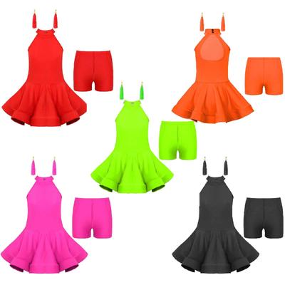 Flickor Latindansklänning Strass Ihålig Ryggdesign med Elastiska Shorts och Tofsörhängen