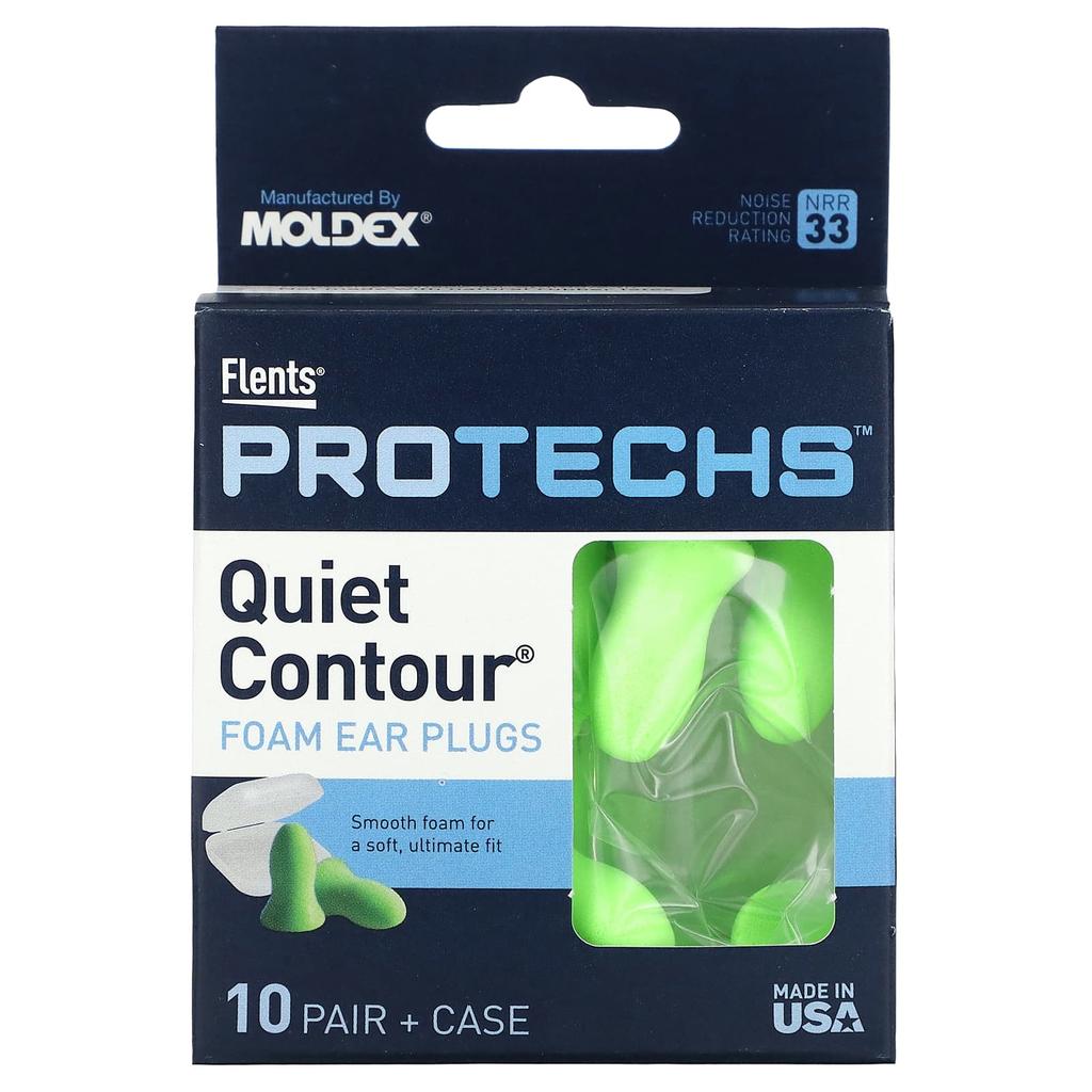 Protechs, Quiet Contour Foam Earplugs, 10 Pairs + Case