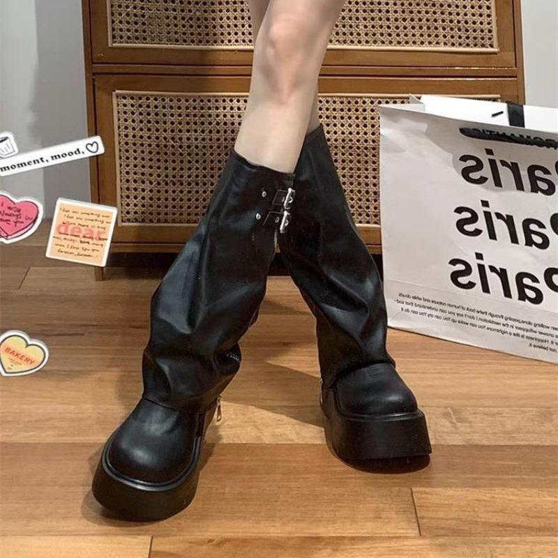 Fashionable Wide Leg Knight Long Boots Inner Elevator Thick Sole Side Zipper Buckle Slouchy Design