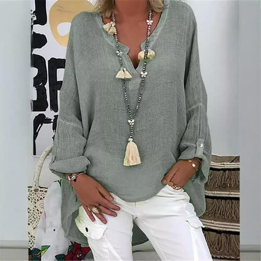 

6-Color Loose Shirt Women s Casual Solid Color Top Spring Autumn V-Neck Long Sleeved Blouse XXXXXL білий