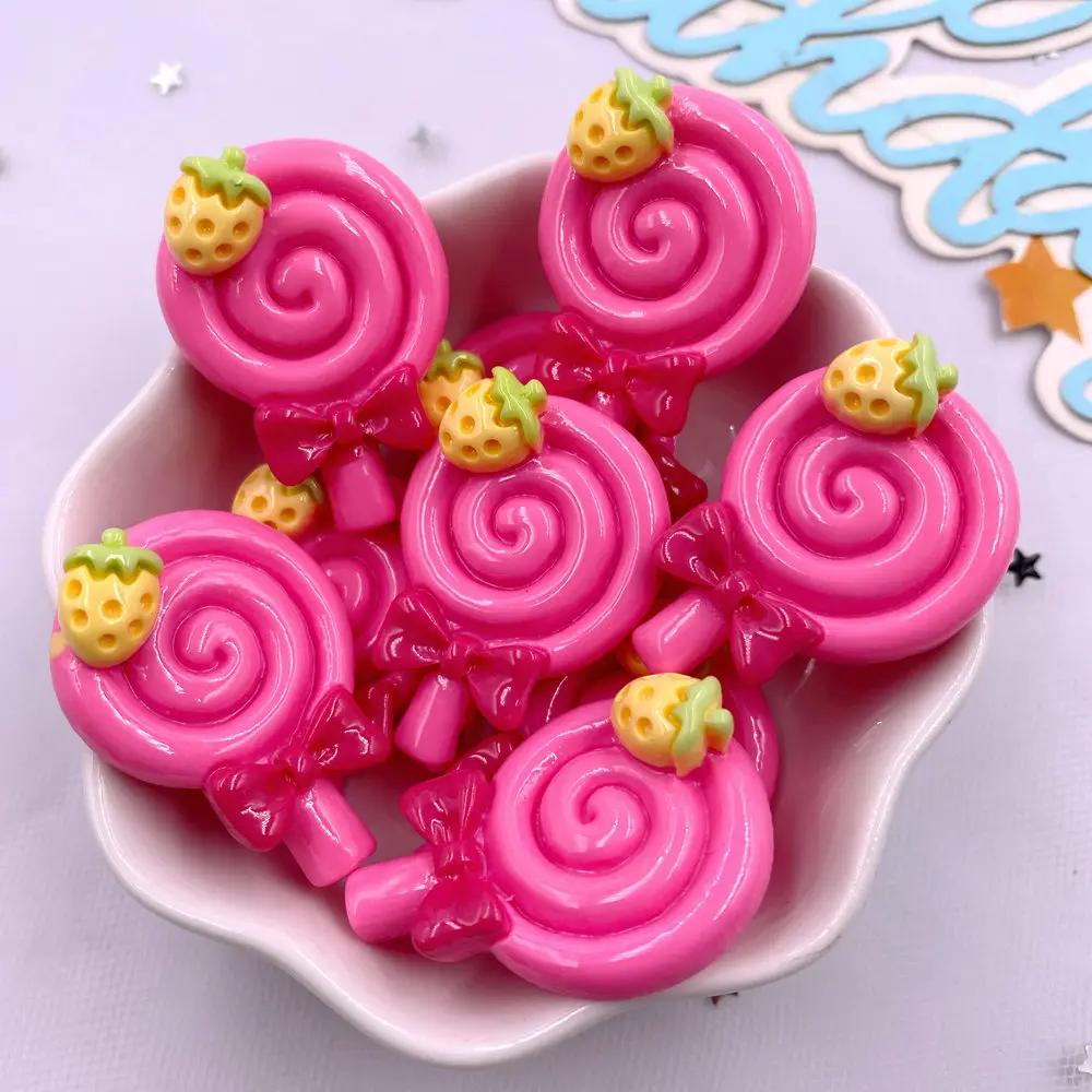 Painted Colorful Resin Strawberry lollipop Lollipop Flatback Cabochon Stone Figurines 10pcs DIY Bow Accessories Scrapbook Crafts