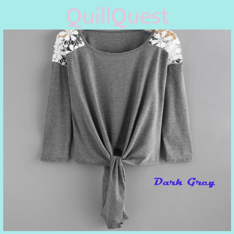 Premium Quality Women's Lace Stitching Round Neck Long Sleeve Leisure T Shirt