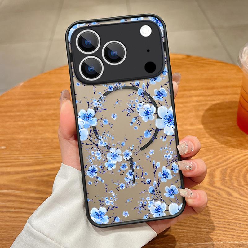 Translucent Matte Magnetic Phone Case For iPhone 17 16 15 Pro 14 13 Pro Max 16e 17e For Magsafe Blue Flower Hard PC Back Cover