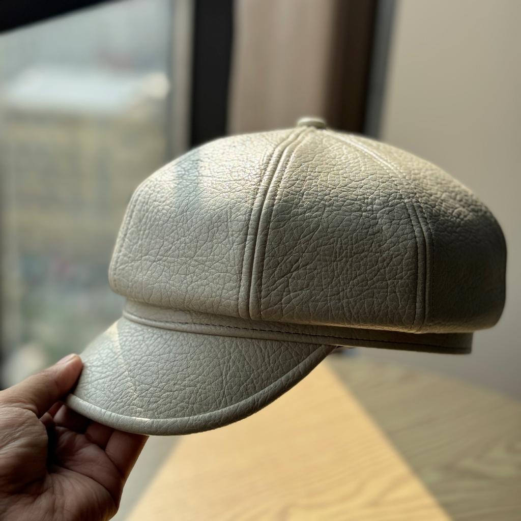 New Octagonal Hat for Women Fashionable and Warm in Autumn and Winter Korean Style Versatile Retro Black Leather Newsboy Hat Trend