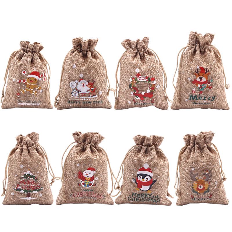 Jute-Style Christmas Gift Bag with Drawstring Closure - Small Candy & Apple Storage