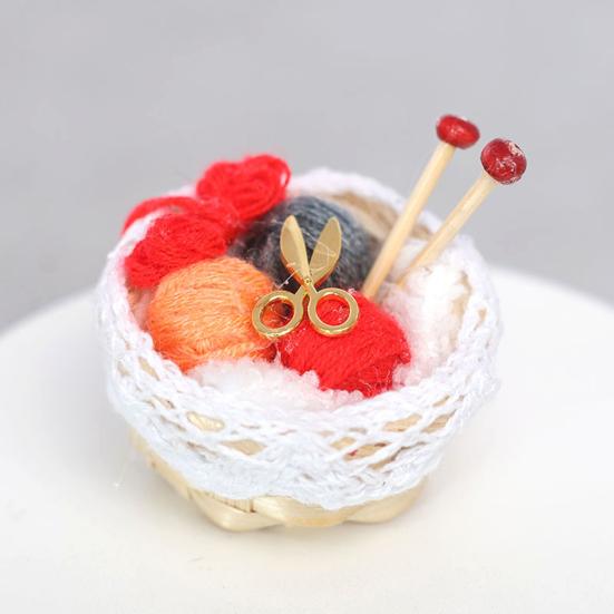 Knitting Tool Model Colorful Miniature Bamboo Basket Braided Yarn Ball Ornament for Dollhouse Decorations