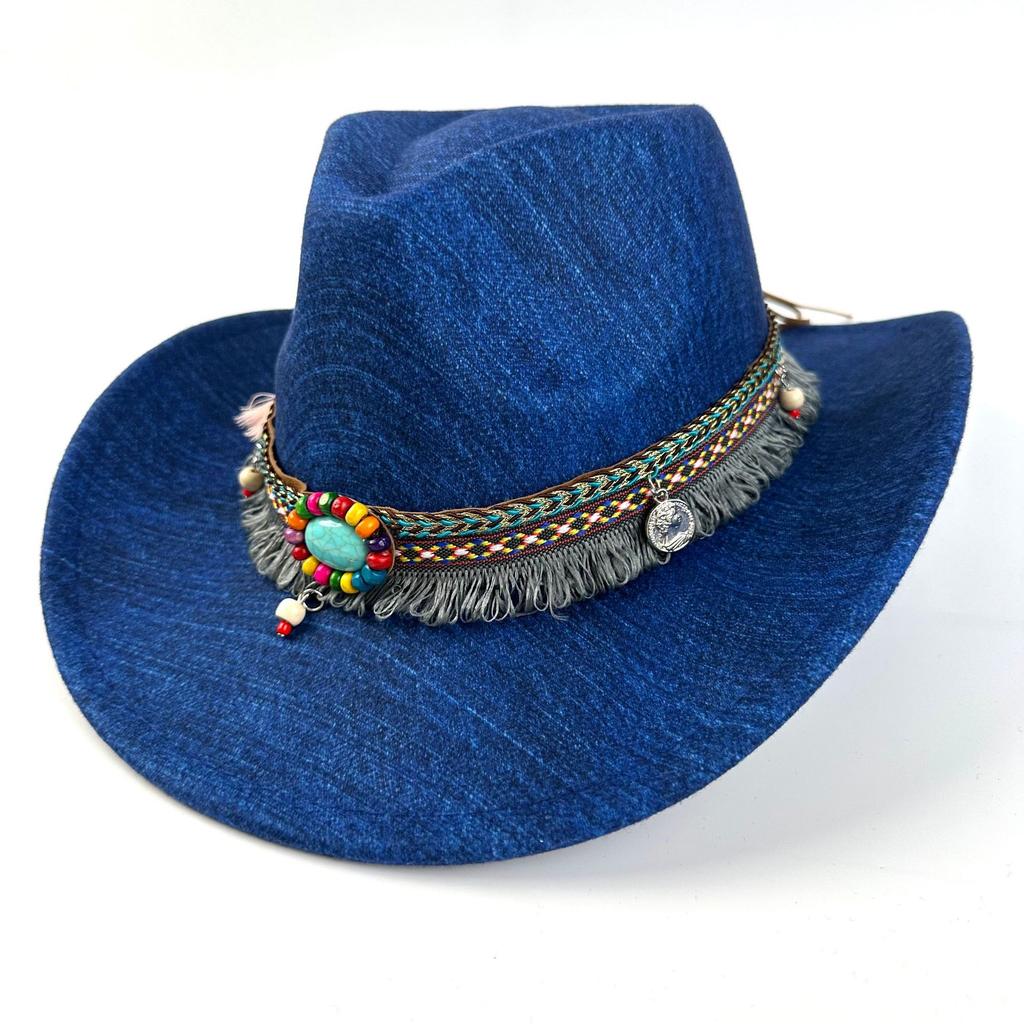 Außenhandel Minderheit Zylinder Fransen Western Cowboyhut Jazzhut Türkisfarbener Filzhut Outdoor Sonnenschutzhut