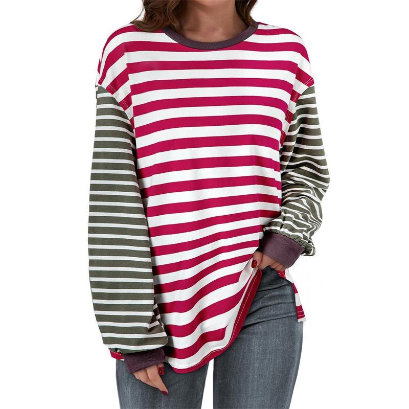 Plus Size Women's Spring and Autumn New Loose Casual Striped Round Neck Long Sleeve T shirt