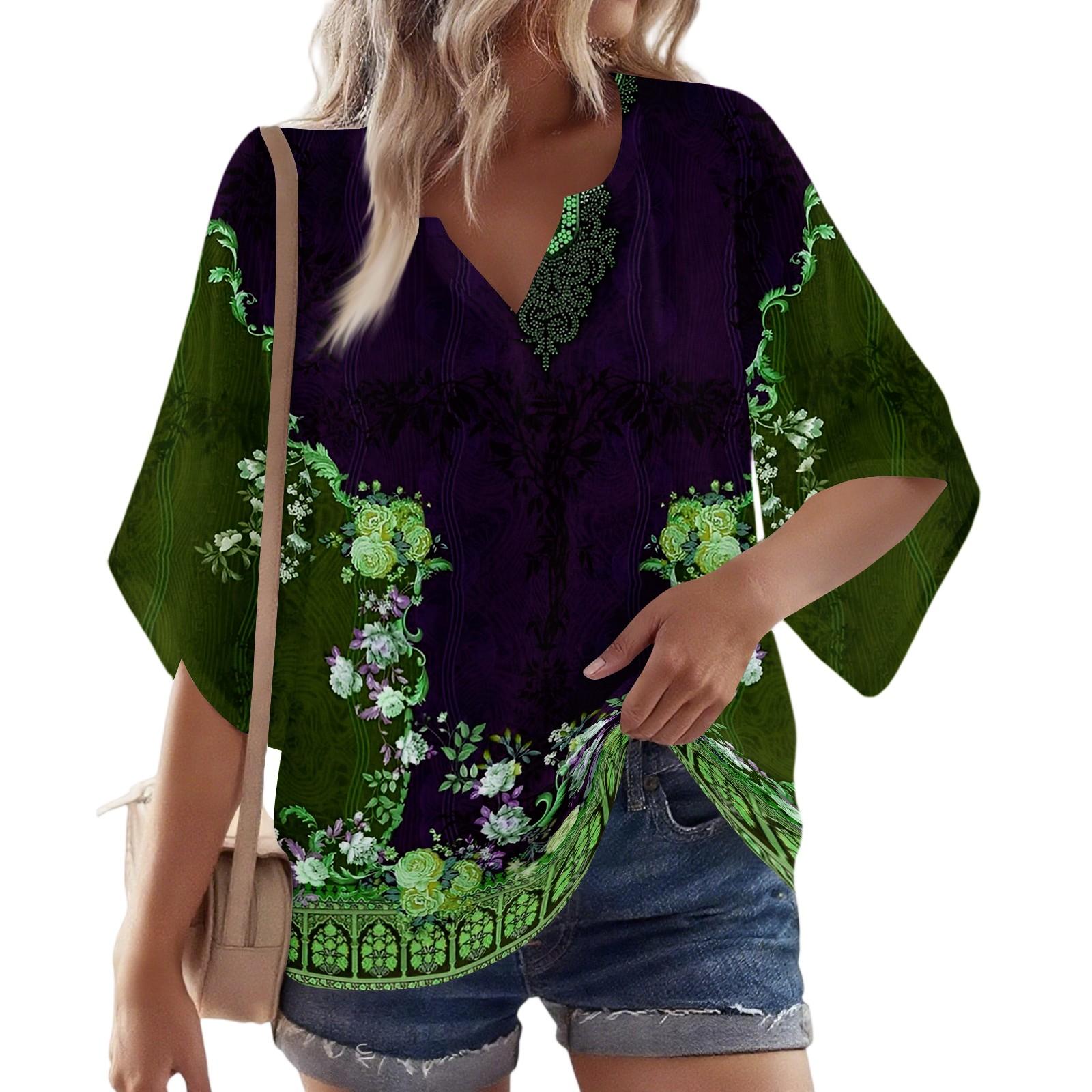 

Женская блузка с рукавом 3/4, V-образным вырезом и цветочным принтом, повседневная, свободная туника M