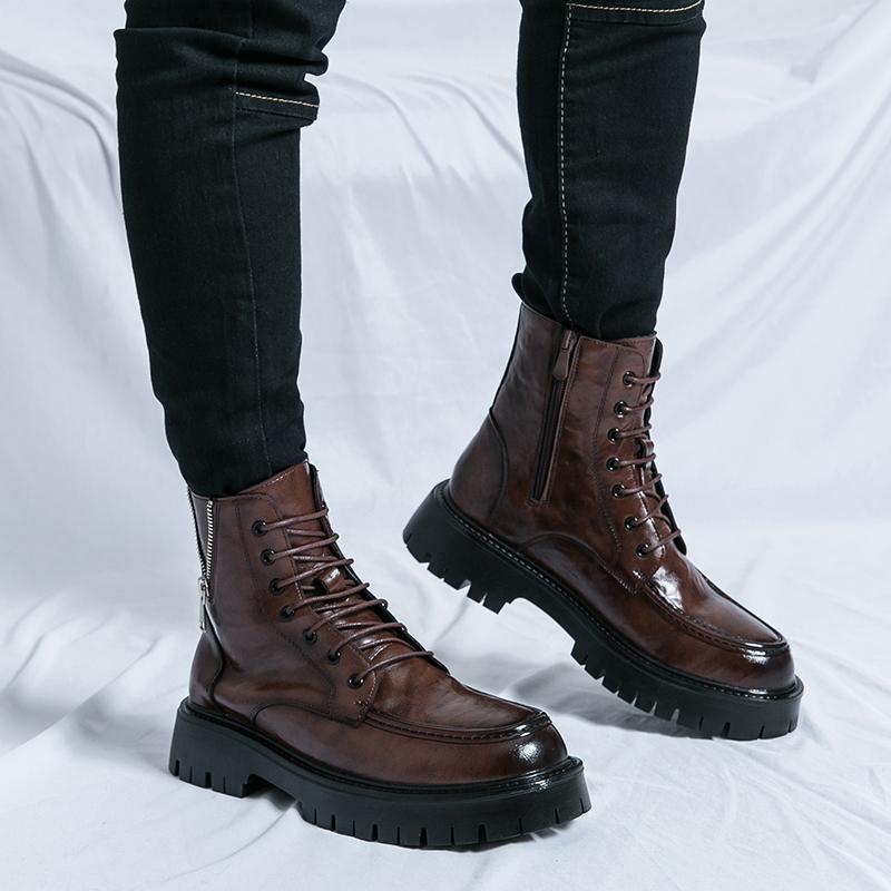High Top Men Boots PU Solid Color Thick Sole Round Toe Lace Up Motorcycle Cowboy Boots Fashionable and Comfortable Men Boots