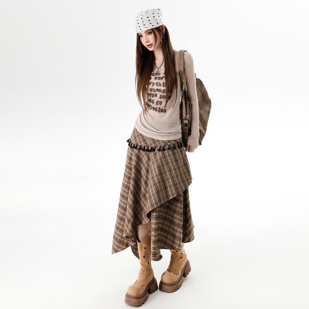 Women's Irregular Plaid Tassel A-line Skirt with Embroidery - High Waist, Slimming Fit, Mid-length for Autumn/Winter