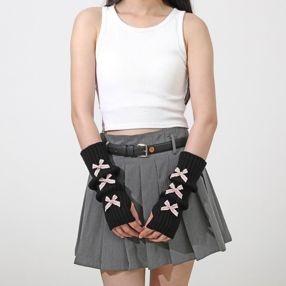 Thicken Bow Fingerless Gloves Cute Bowknot Hands Free Gloves Fashion Arm Sleeves  Winter