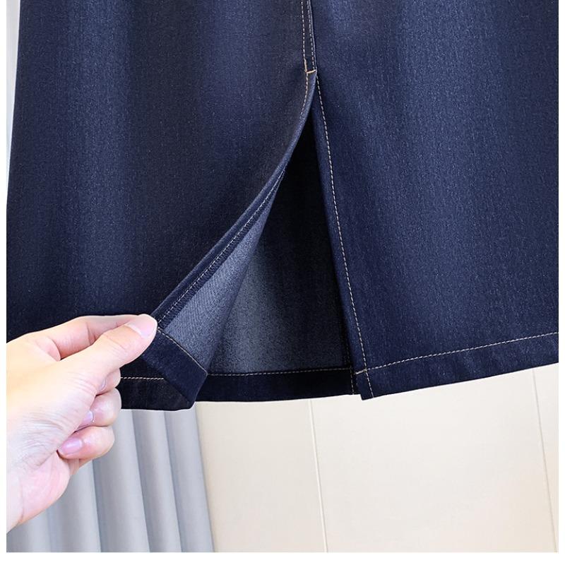 DIMANAF 2026 Summer Plus Size Women Skirts Elastic Waist Oversize Casual Lady Long Skirts Denim Cotton Solid Blue