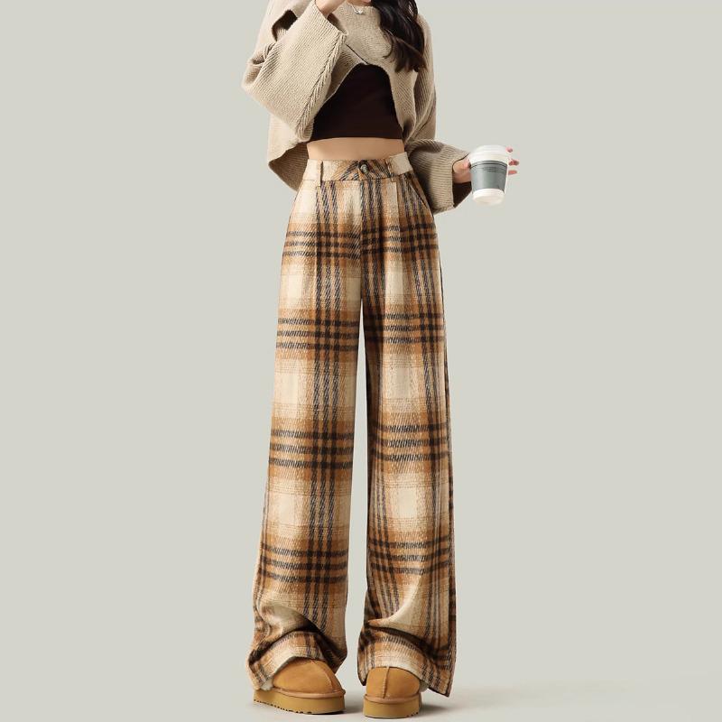 Women's Retro Plaid Wool Wide-Leg Pants - Loose, Versatile Design for Autumn/Winter