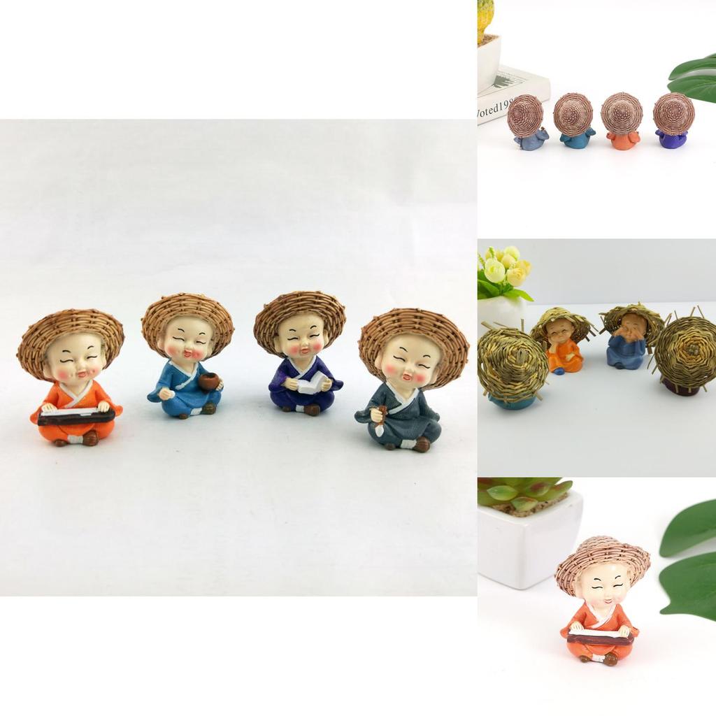 4pcs Cute Straw Hat Little Monk Mini Ornament Set For Office Or Shelf Decoration