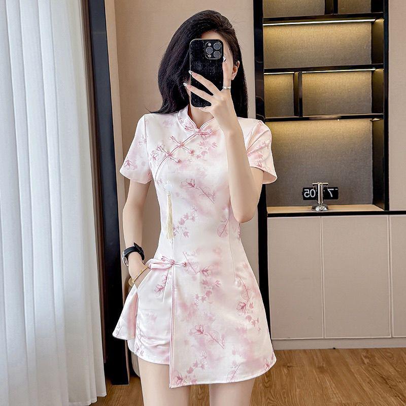 2026 Chinese Style Qipao Two-Piece: Short Sleeve Top & Shorts Set