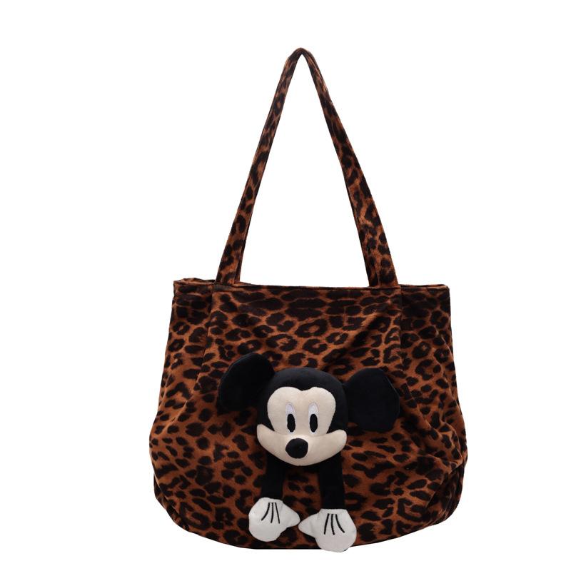 Niche Design Leopard Print Casual Fashion Bag Women's New Mickey Doll Tote Bag Large Capacity Lightweight Shopping Bag